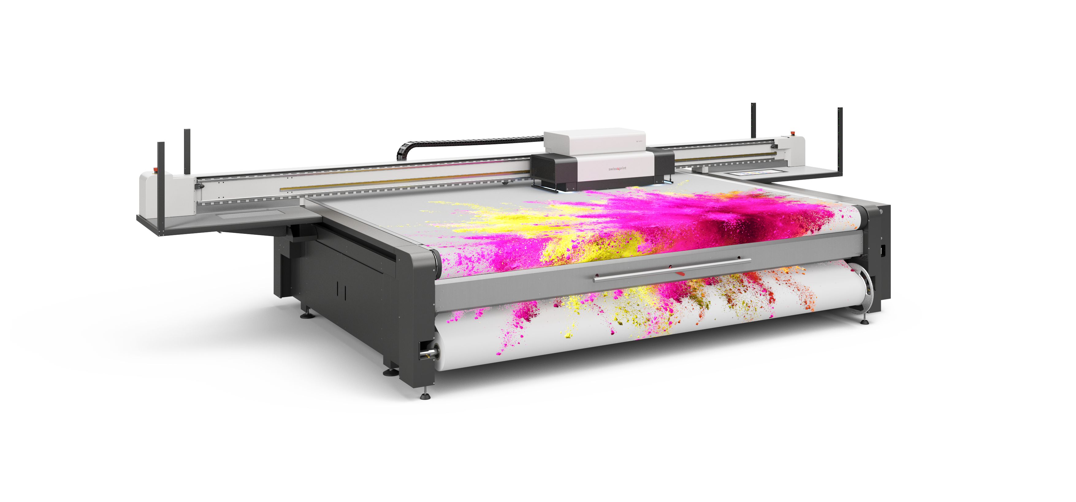 swissQprint Nyala 4 UV flatbed printer laying down a burst of colour on a substrate